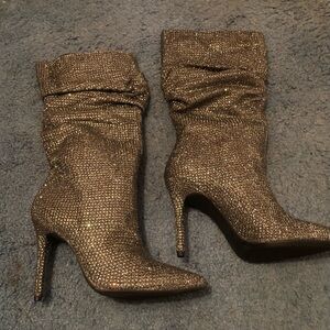 Jessica Simpson knee-high pewter rhinestone pointy toe stiletto boots size 9M